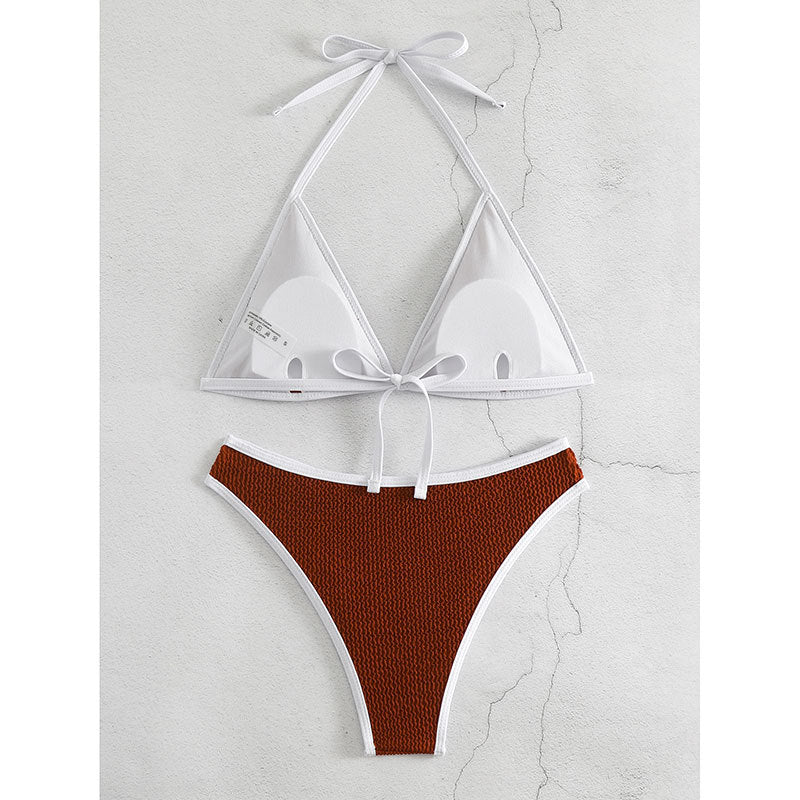 New Solid Color Lace-Up Neck Bikini with High Waist & Backless Split Design