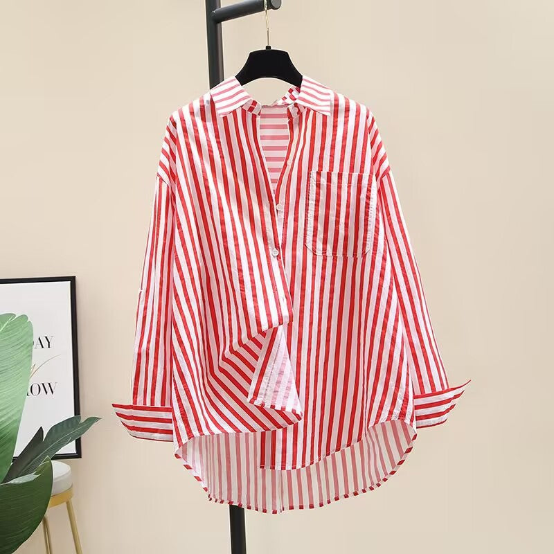 Women's Printed Striped Shirt - Spring New Style, Loose-Fit Fashion Cardigan Long-Sleeve Top
