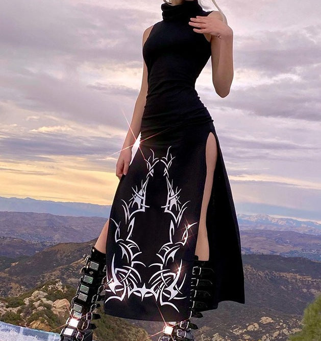 Dark-Themed Sleeveless High-Neck Fitted High-Slit Maxi Dress