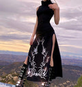 Dark-Themed Sleeveless High-Neck Fitted High-Slit Maxi Dress