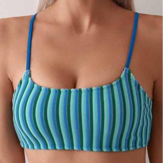 Double Shoulder Strap Striped High-Waist Backless Split Bikini for Women