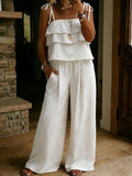 Women's Fashion Casual Backless Tie-Up Layered Top and Wide-Leg Pants Two-Piece Set