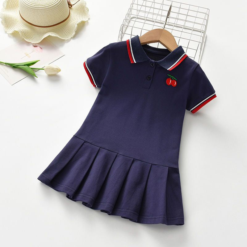 Girls’ Summer Dress – Cherry Color-Matching Polo Lapel Princess Pleated Skirt Dress - RAC26JP5447BATDAS