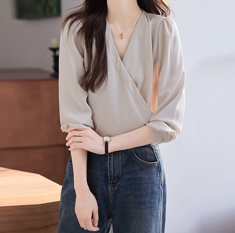 Women's Spring & Autumn Apricot V-Neck Long Sleeve Top