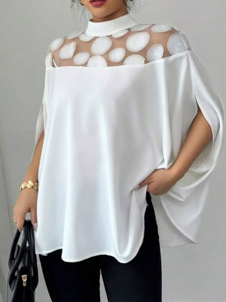 Summer Solid Color Mesh Shoulder Bat Sleeve Elegant Women's Casual Top