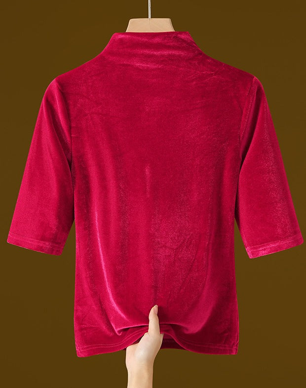Women's Hepburn Style Black & White Half Turtleneck Gold Velvet Bottoming Shirt