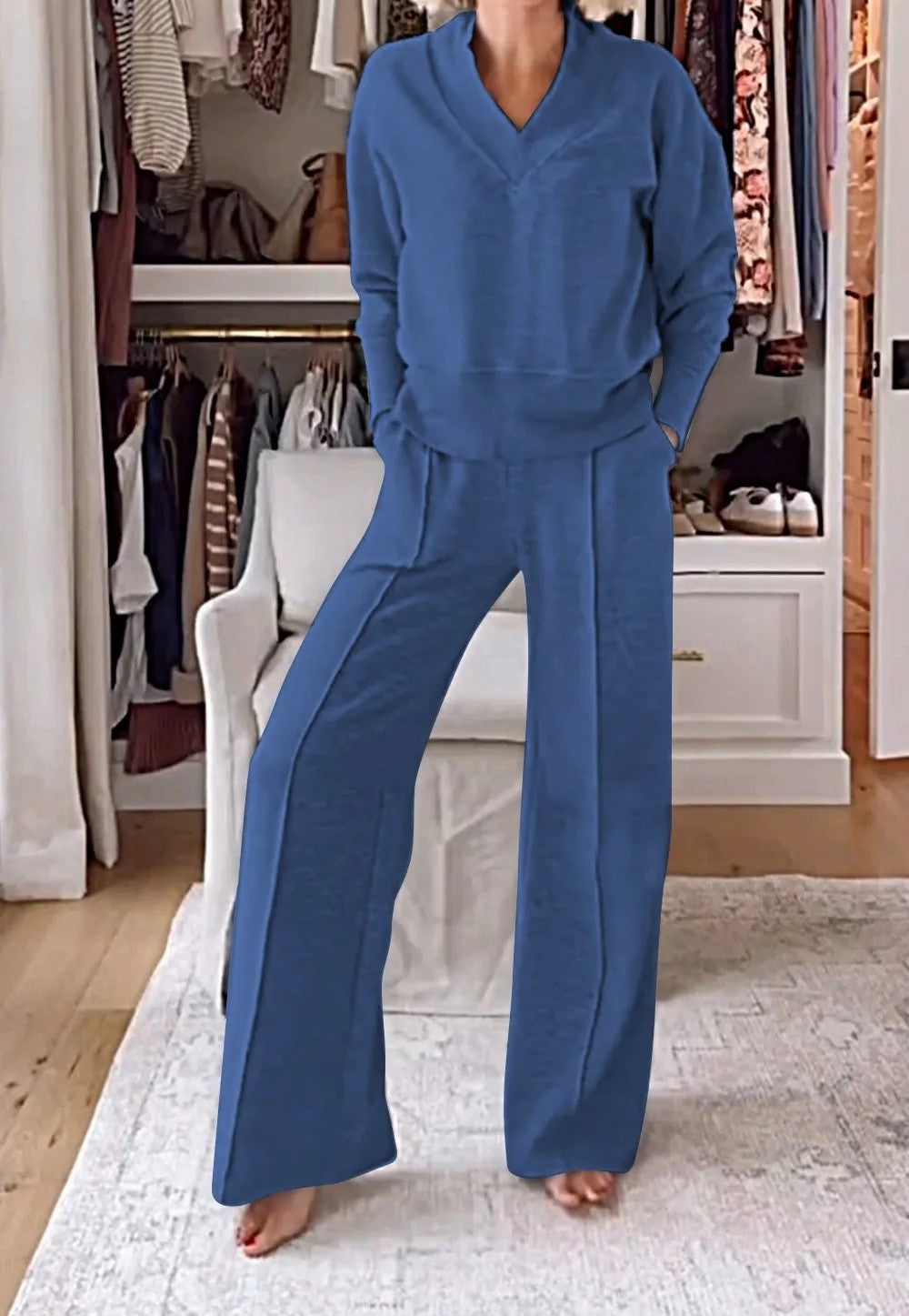 New Casual V-Neck Long Sleeve Loose Top & Wide-Leg Pants Two-Piece Lounge Set