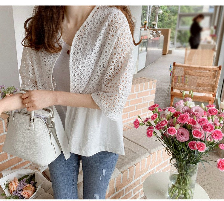 Summer Embroidered Hollow-Out Cotton Cardigan Shirt – Lightweight Long Sleeve Casual Cover-Up Top for Women