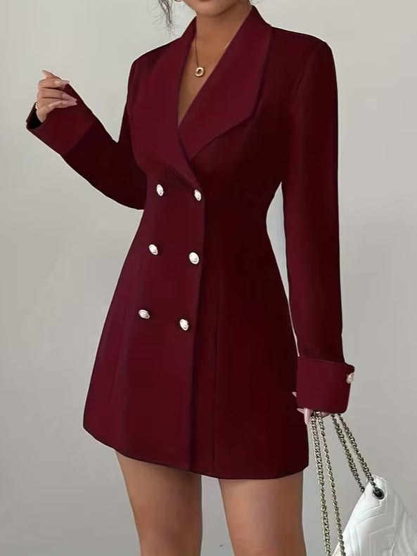 Women's French-Inspired Elegant Double-Breasted Front-Button Short Dress with Long Sleeves