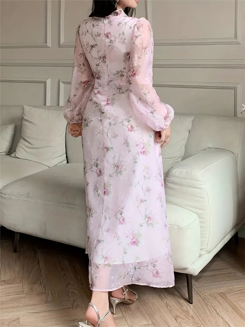 Women's Floral Pink Long Sleeve Waist-Defined Maxi Dress with Elegant Printed Design