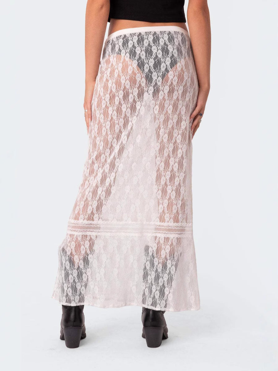 Hollow Lace See-Through Splicing Half-Length Beach Skirt for Women