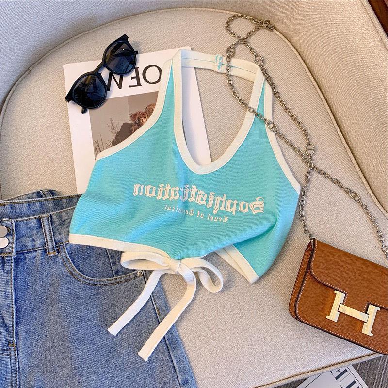 Summer Girls’ Tank Top with Suspenders – Short-Sleeve Letter Print Color-Block Casual Top - RAC26JP5485BATT