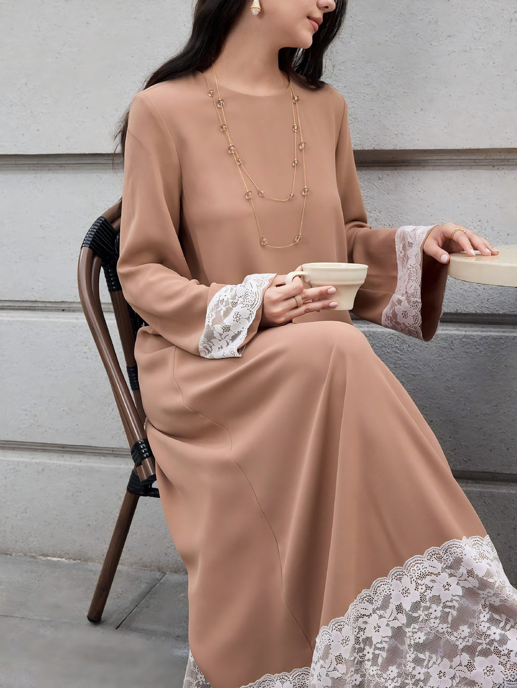 Women's Loose Long Sleeve Maxi Dress with Lace Hem, Solid Color Casual Long Dress