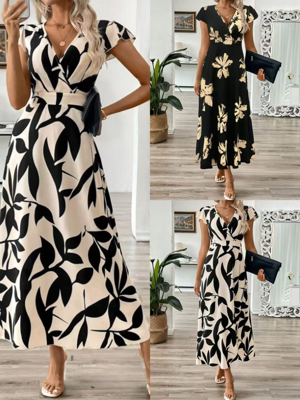 Women's Short Sleeve Printed V-Neck Waist-Defined Casual Midi Dress