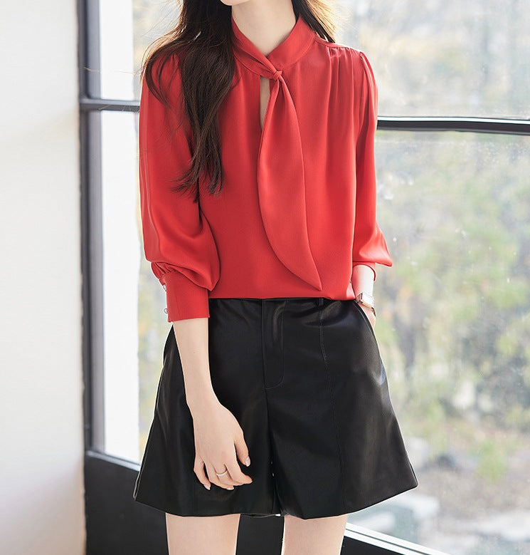 Women's Red Long Sleeve Ribbon Side Shirt - Spring Fashion Blouse