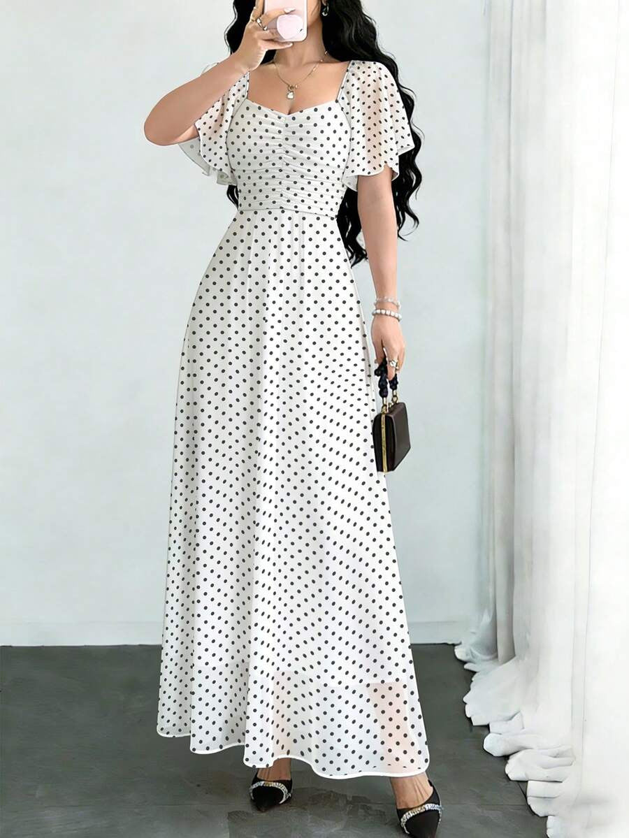 Summer Women's Square Neck Short Sleeve Polka Dot Dress – Casual Elegant A-Line Midi Dress