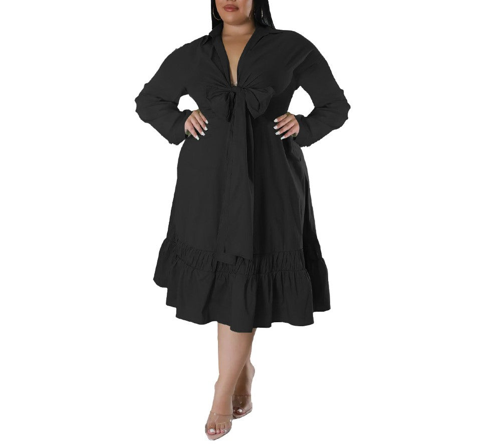 Plus Size Solid Color Ruffle Dress with Bow Tie Neck & Loose Sleeves – Casual Chic