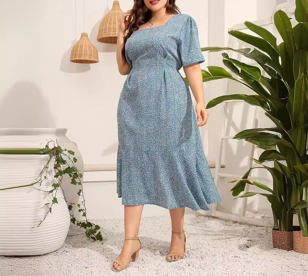 Plus Size Women's Square Neck Floral Dress with Short Sleeves, Slim Fit Mermaid Maxi Dress, Elegant Floral Print Occasion Dress