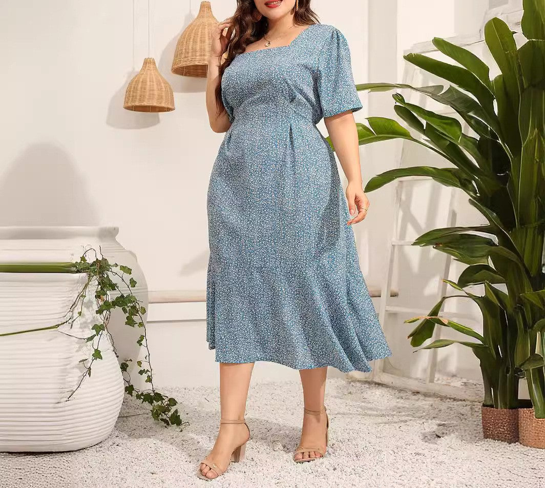 Plus Size Women's Square Neck Floral Dress with Short Sleeves, Slim Fit Mermaid Maxi Dress, Elegant Floral Print Occasion Dress