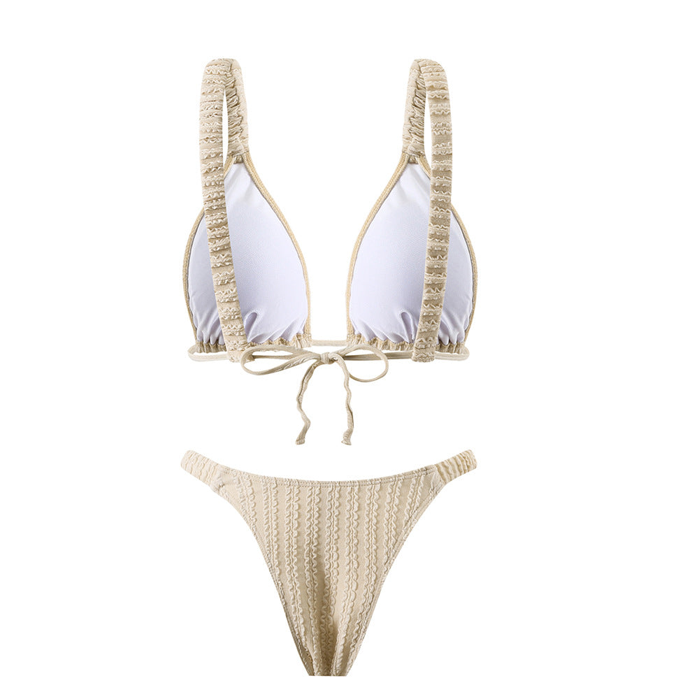Solid Color Pleated Shoulder Strap Backless Split Bikini Swimsuit for Women