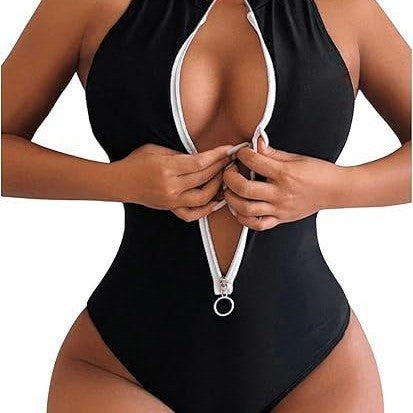 Solid Color High Collar Chest Zipper One-Piece Bikini Swimsuit