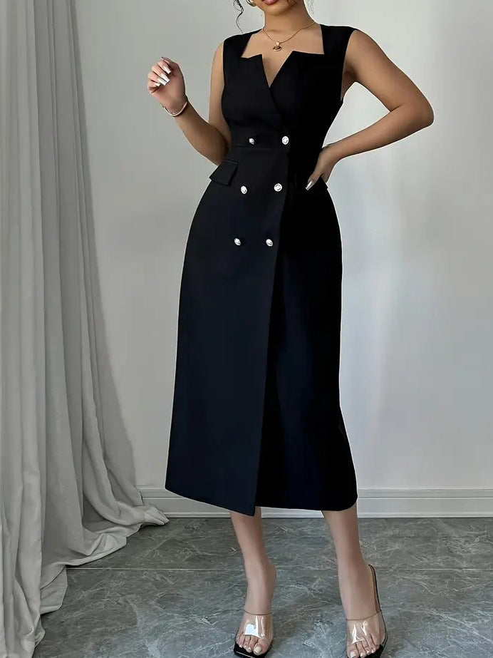 Women's Summer Elegant V-Neck Waist-Defined Split Hem Midi Dress with Modern Slim Fit