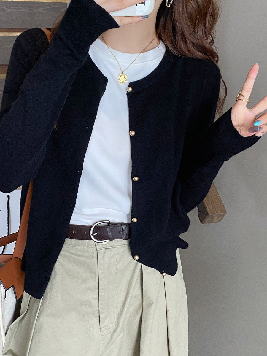 Women's Thin Knit Long Sleeve Cardigan - Gray Spring and Autumn Outerwear