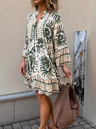 omen’s Printed V-Neck Long Sleeve Loose Casual Dress