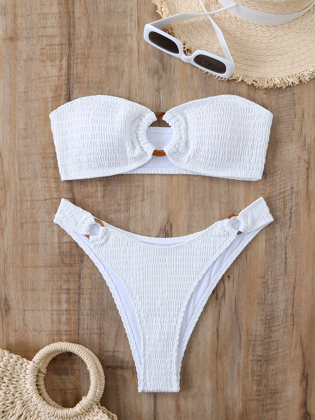 New Solid Color Ring Tube Top & Bikini Briefs Split Swimsuit for Women