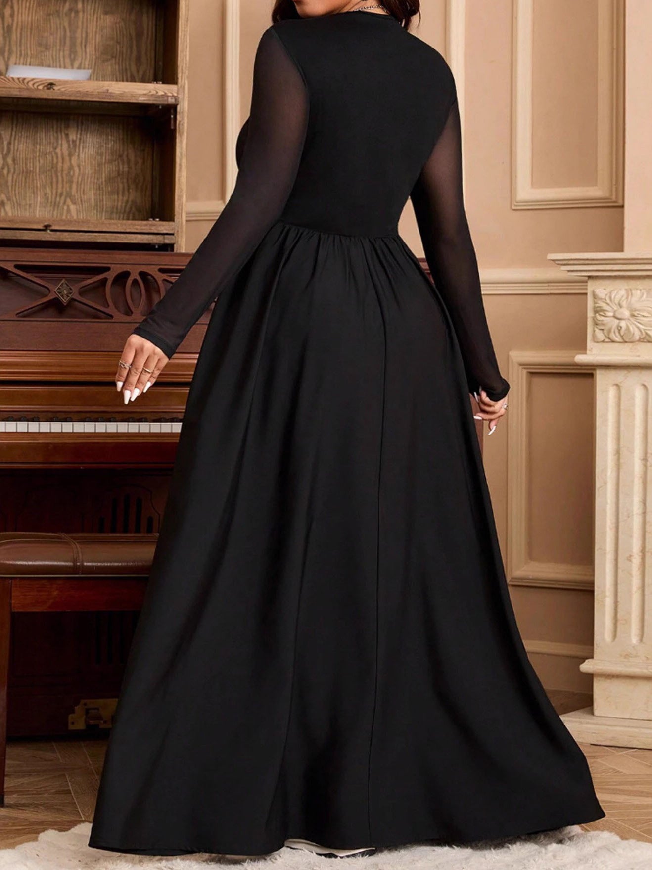 Women's Autumn Winter Solid Color Large Swing Maxi Dress Elegant High Waist Long Sleeve Plus Size Dress