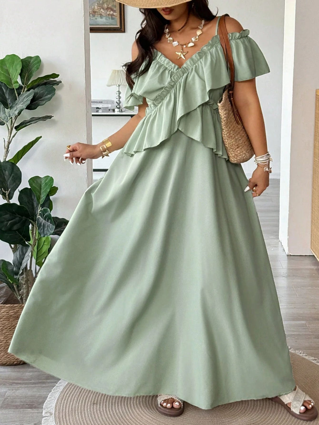Women’s Plus-Size Summer Camisole Dress – Loose Fit Off-Shoulder Ruffled Maxi Dress