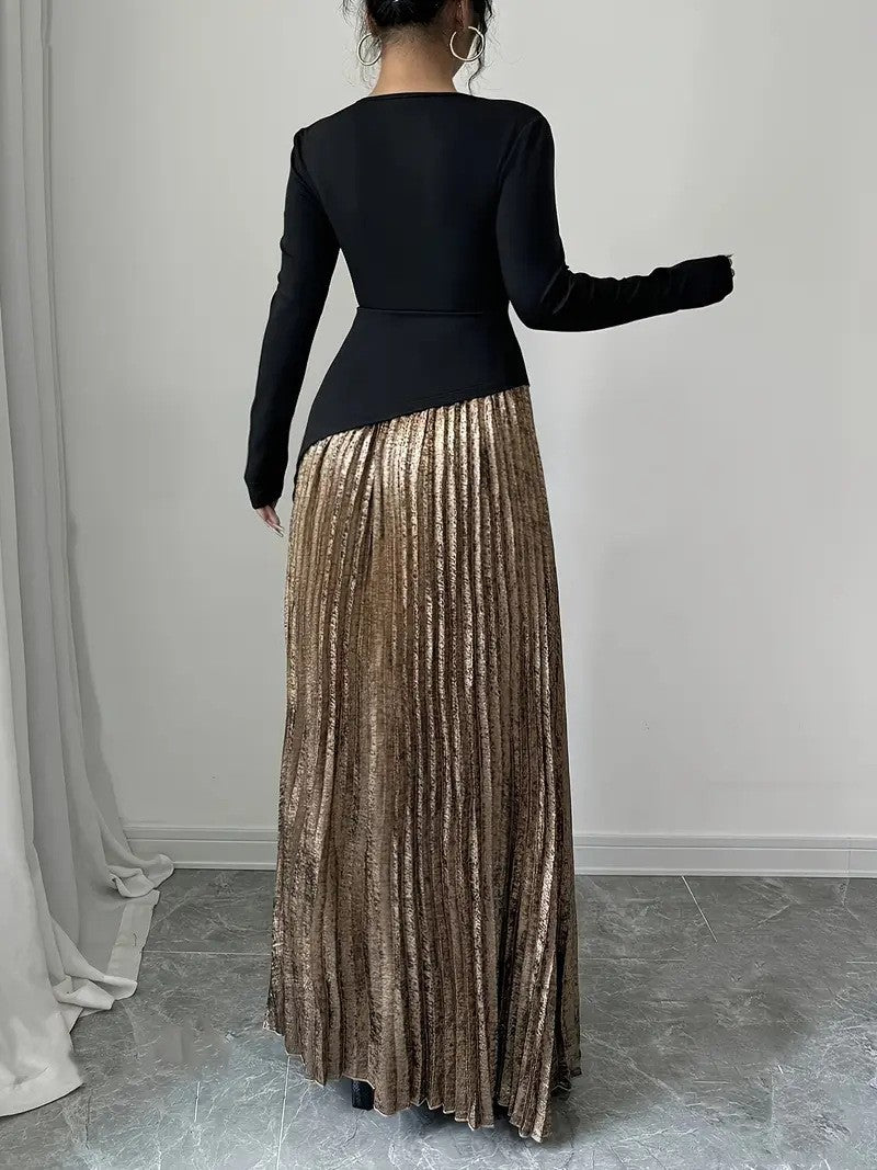 Women's Floor-Length Pleated Maxi Skirt with Large Hem, Elegant High-Waist Long Skirt