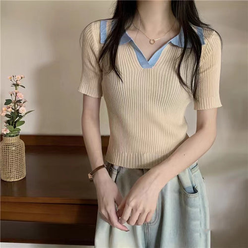 Color-Blocked Polo Collar Knitted Short-Sleeve T-Shirt for Women - Perfect for Summer