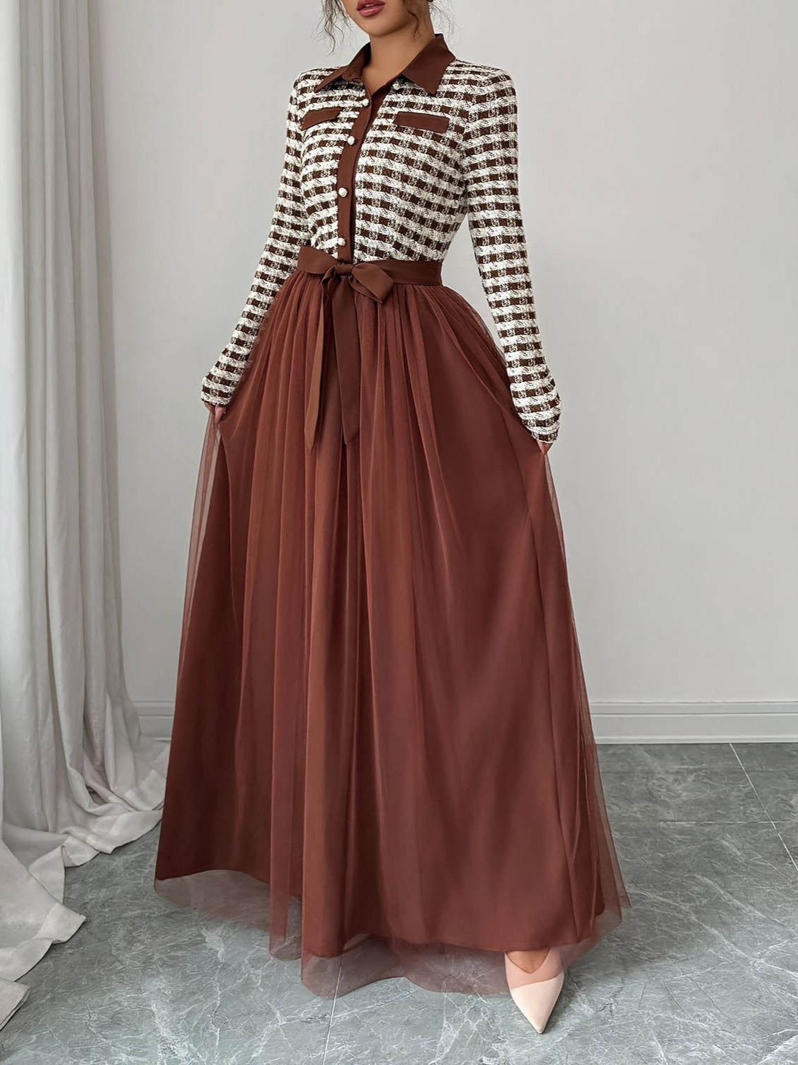 Women's Waist Tie Contrast Color Long Sleeve Mesh Panel Midi Dress