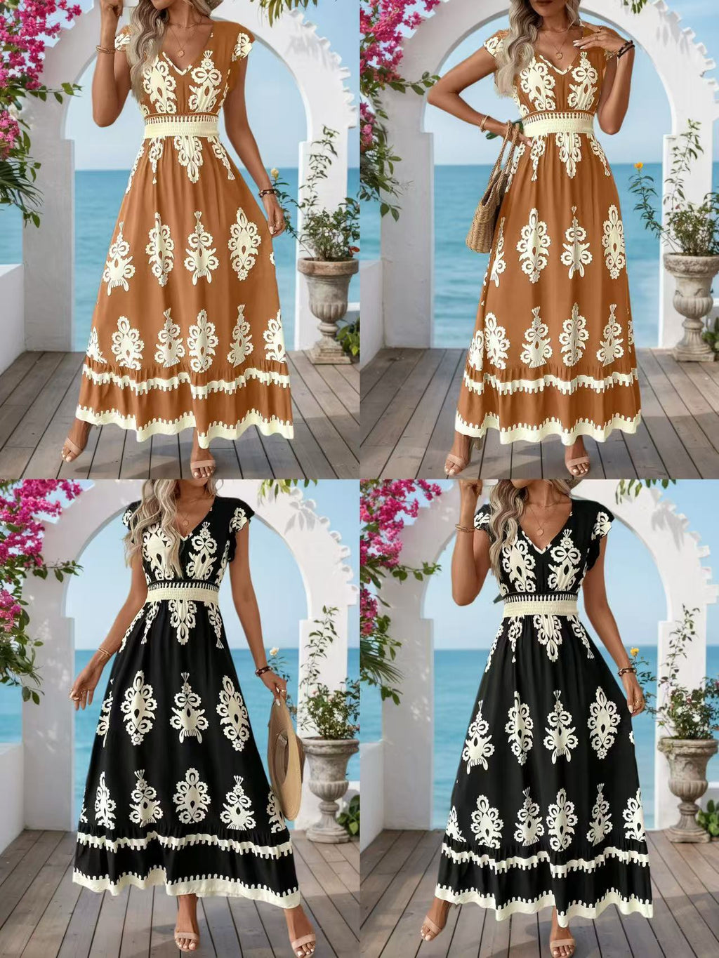 Women's Summer Printed V-Neck Holiday Dress Elegant Casual Lightweight Midi Dress