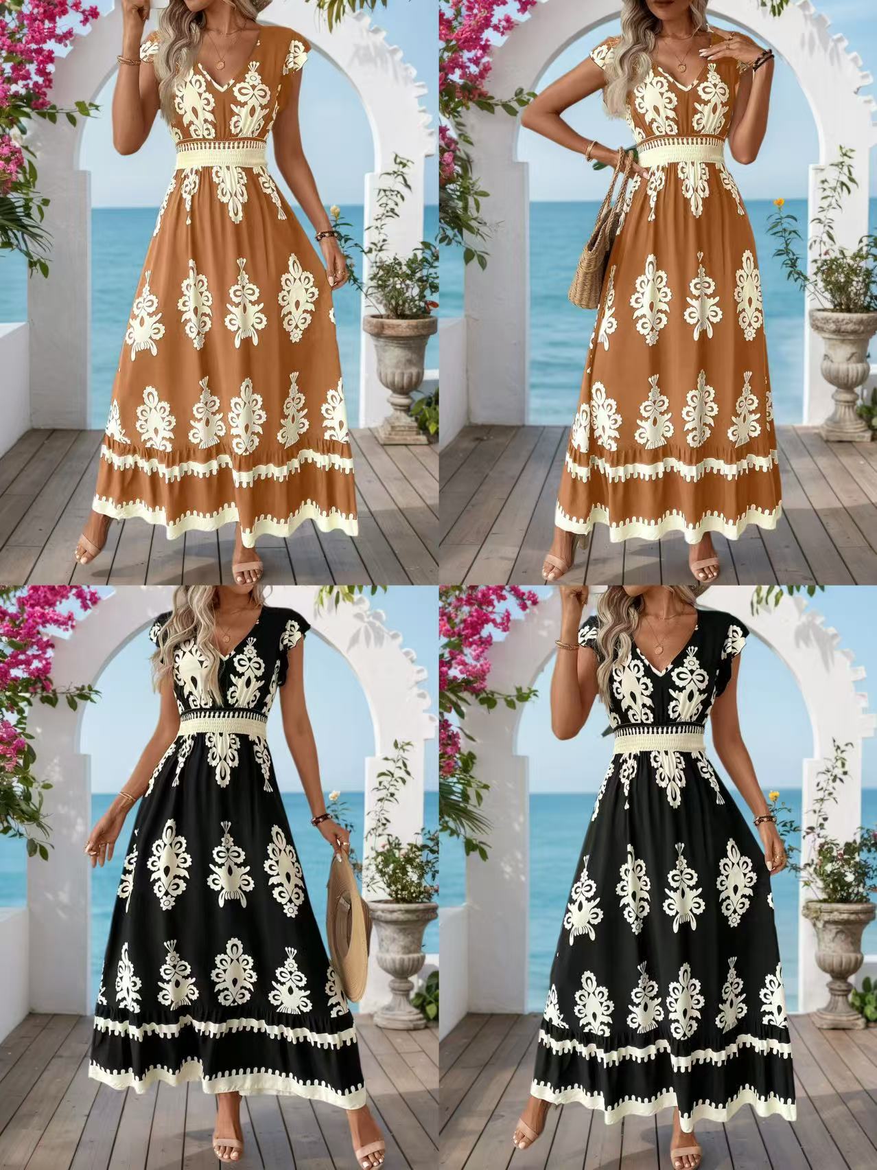 Women's Summer Printed V-Neck Holiday Dress Elegant Casual Lightweight Midi Dress