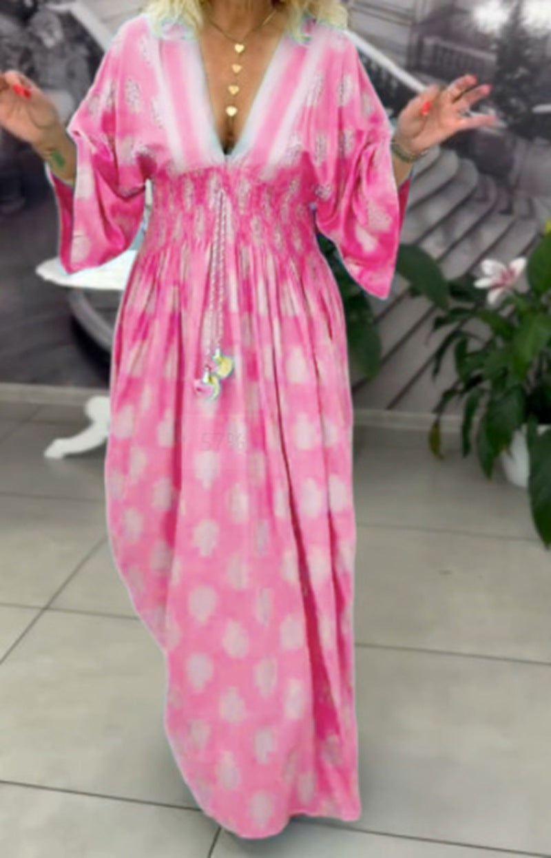 Women's Fashion Printed V-Neck Drawstring Waist Dress
