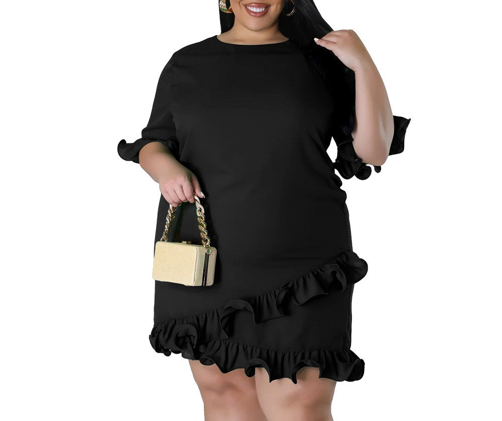 Plus Size Women's Slim Fit Ruffled Casual Dress – Solid Color, Round Neck