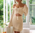 Solid Color Hollow Knit One-Shoulder Long Sleeve Beach Dress 3-Piece Cover-Up Set