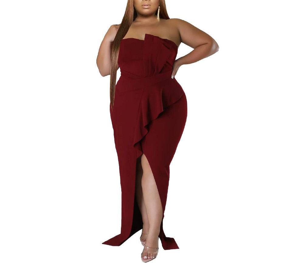 Elegant High-Waisted Slim-Fit Strapless High-Slit Evening Party Dress for Women
