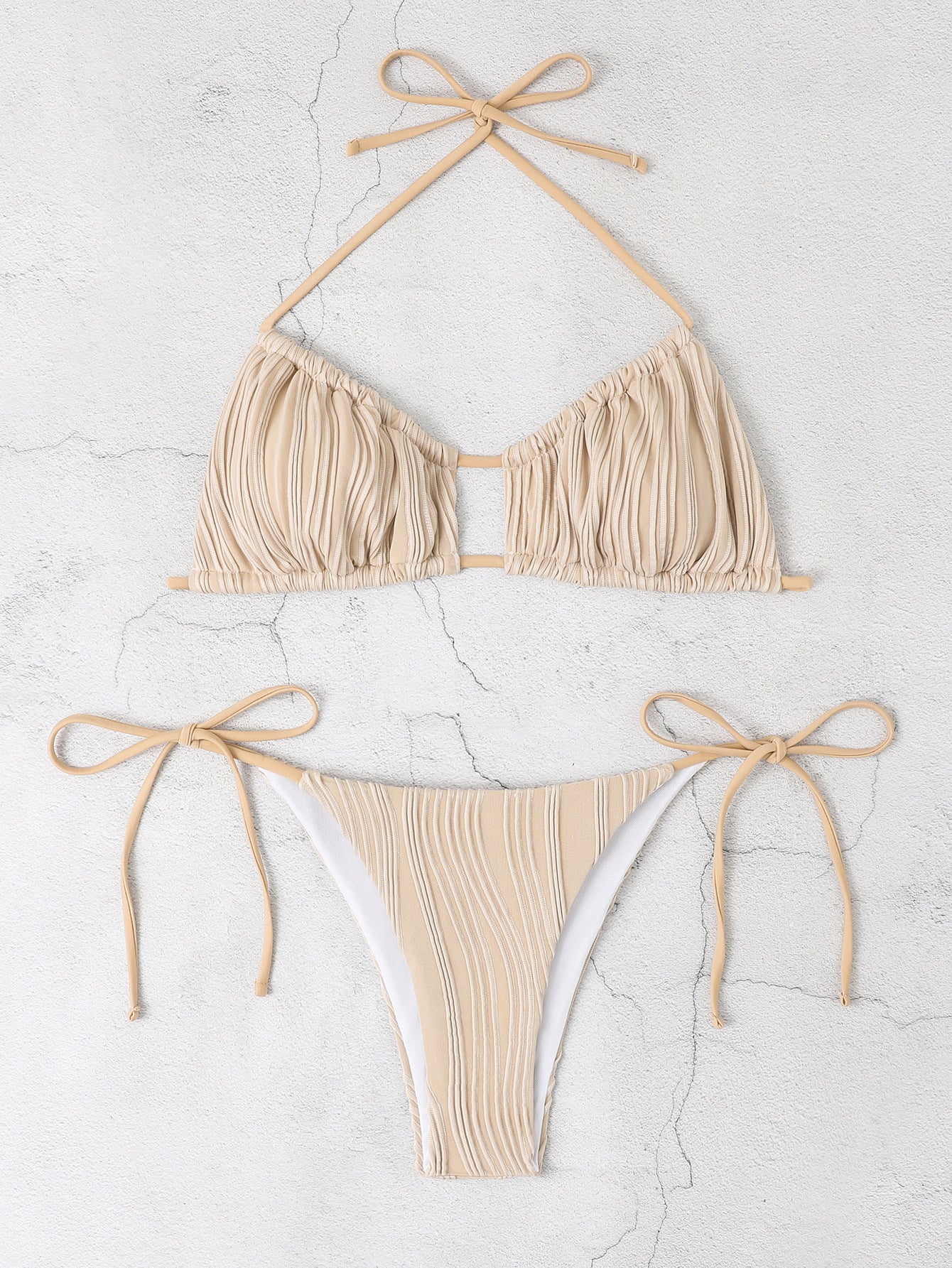 Solid Color Drawstring Lace-Up Halter Bikini Split Swimsuit
