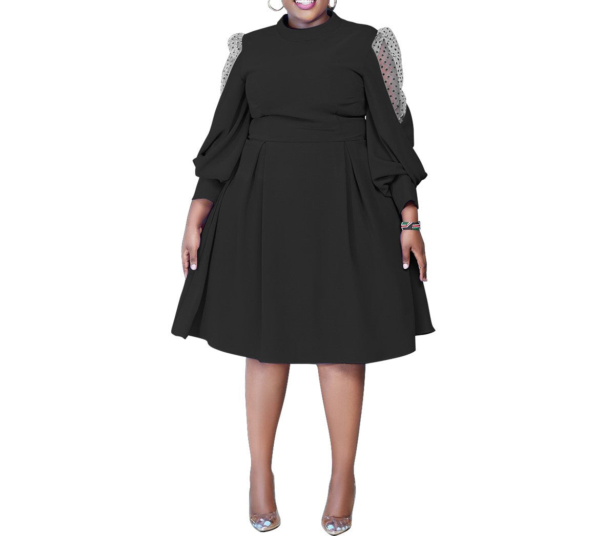 New Arrival Polka Dot Mesh Sheer Lantern Sleeve Slim Waist Plus Size Dress