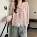 Women's French-Inspired Lace V-Neck Long Sleeve Blouse – Elegant Spring Fashion Top