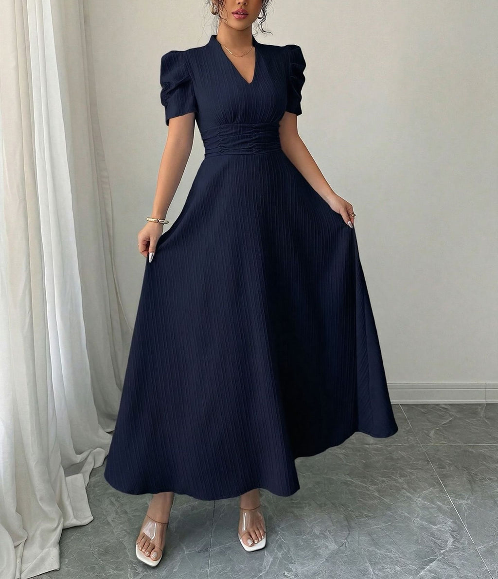 Women's French Style Puff Sleeve Maxi Dress with Fitted Waist, Square Neck, Lightweight Summer Long Dress