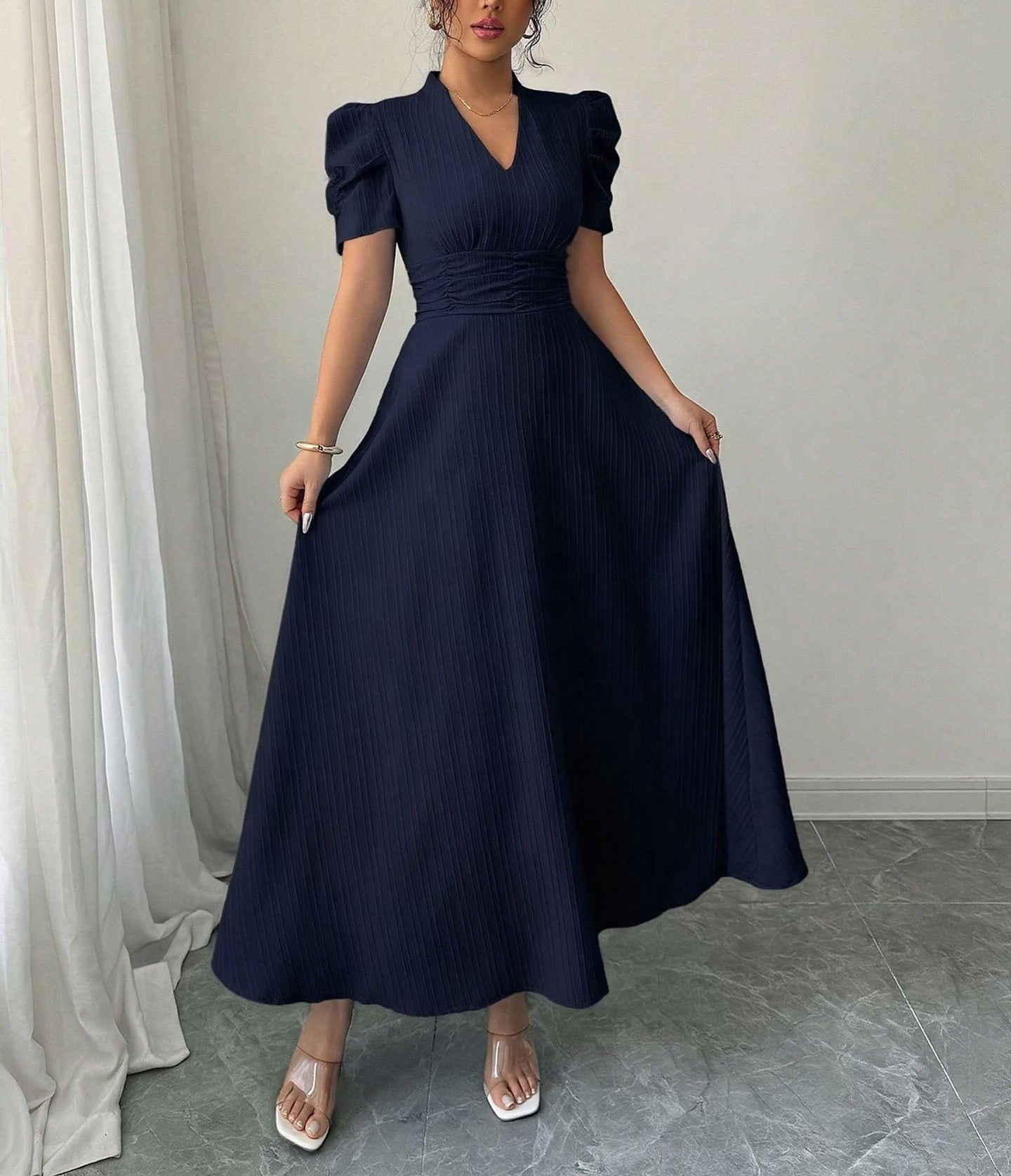 Women's French Style Puff Sleeve Maxi Dress with Fitted Waist, Square Neck, Lightweight Summer Long Dress