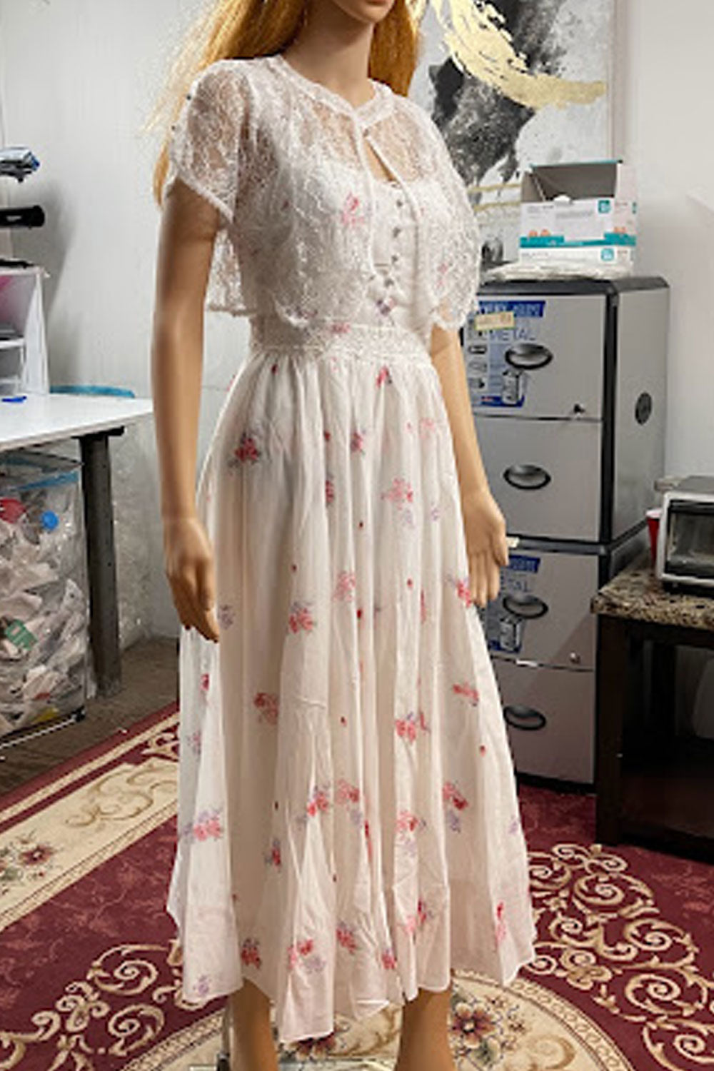 Women Fantastic Lace Crafted Top Attached Printed Pattern Round Neck Short Sleeve Fabulous Swing Dress
