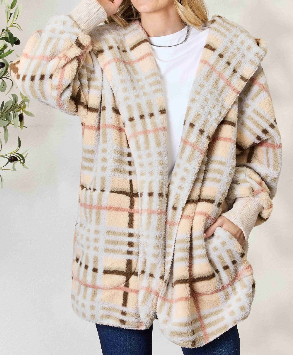 Women's H&T Checked Faux Fur Hooded Jacket