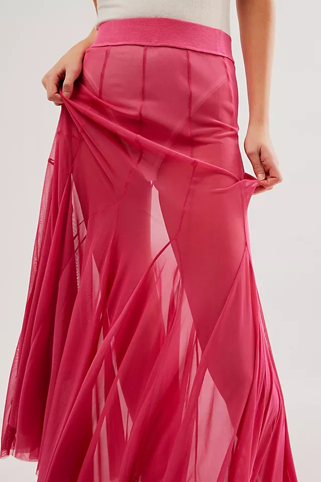 Women's Mesh High-Waisted Long Skirt - Elegant Sheer Layered Maxi