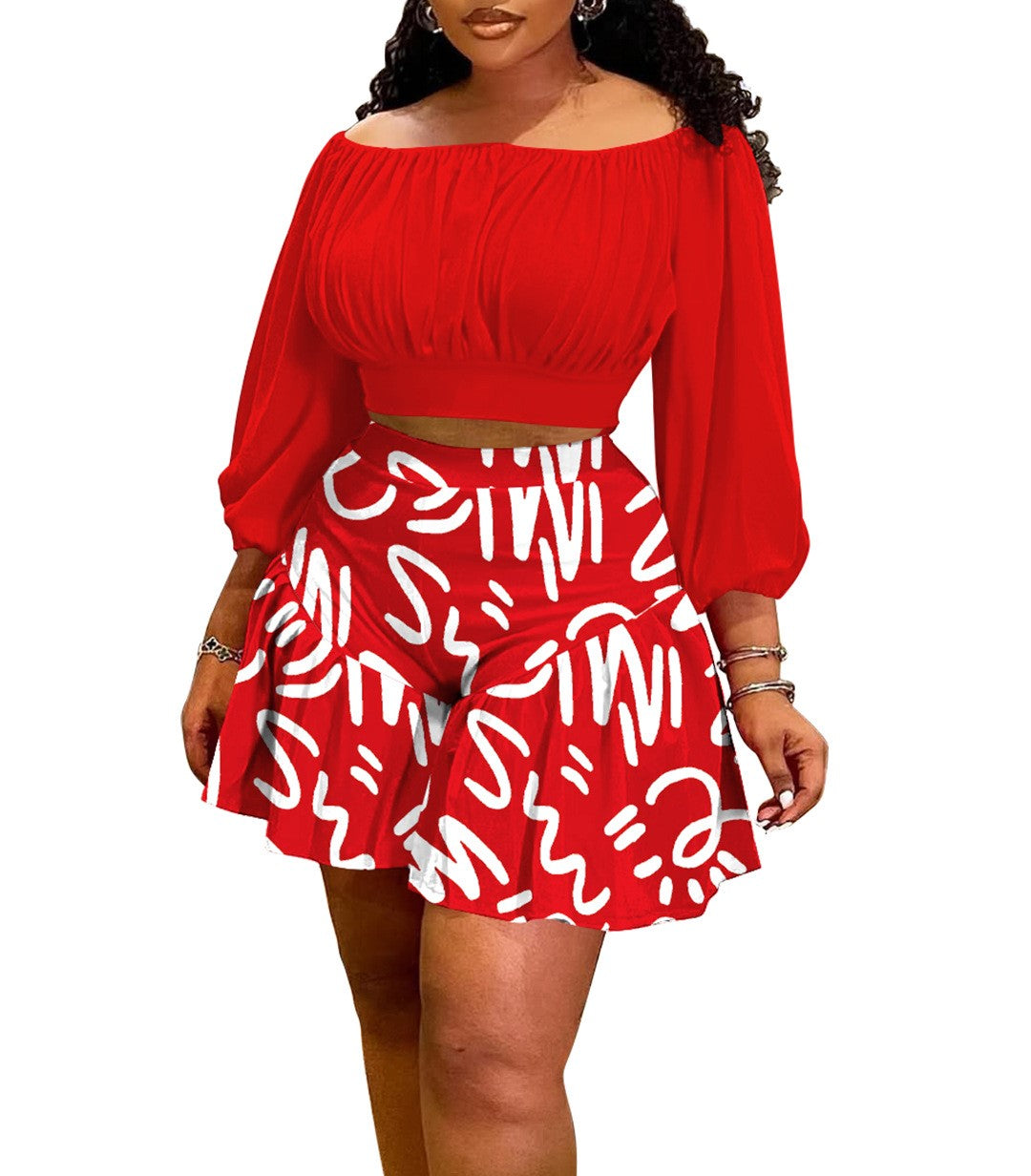 Women's Pleated One-Shoulder Fluffy Waist Casual Two-Piece Set