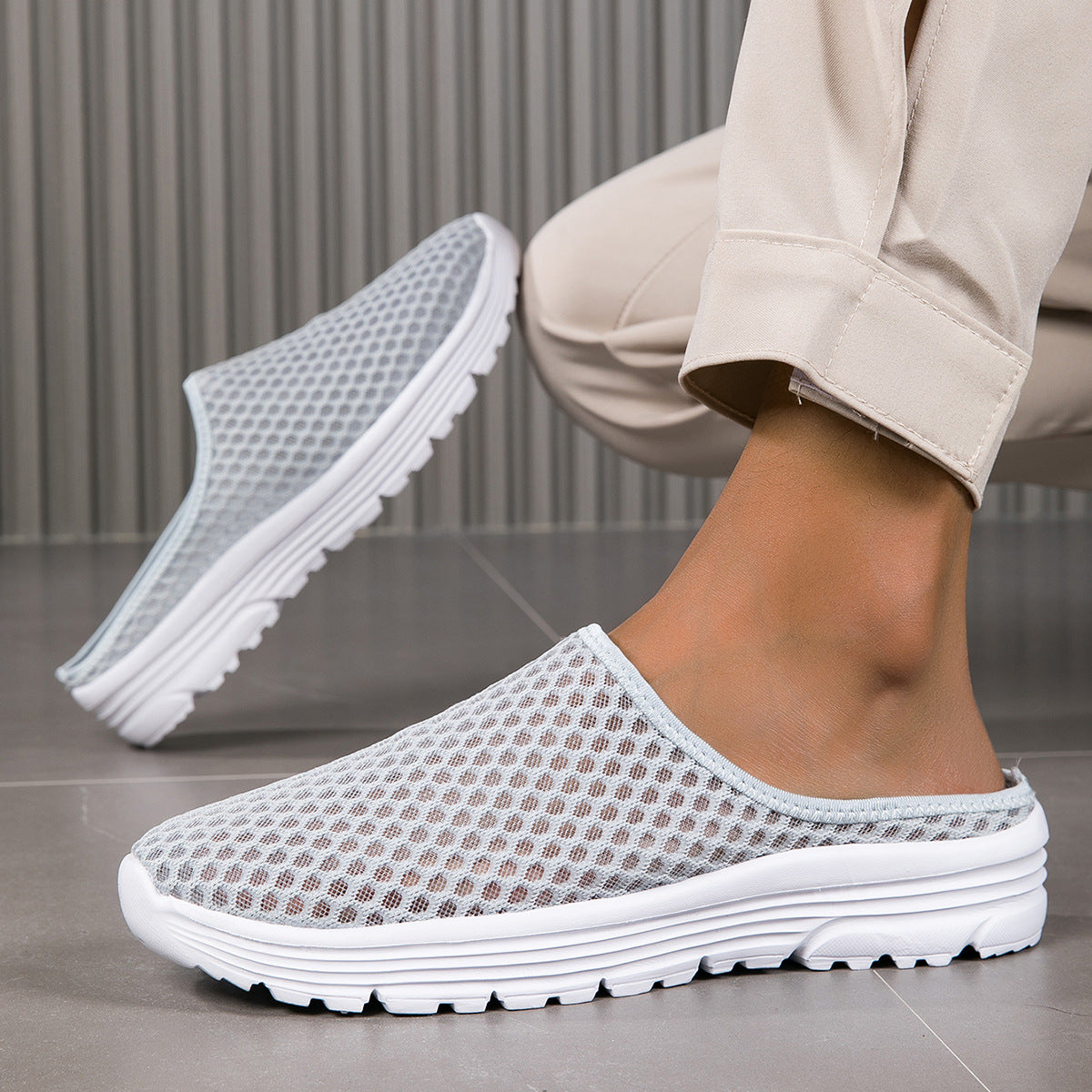 Slip-On Lazy Toe Half Slippers for Women - Lightweight Mesh Walking Sandals, Comfortable Outdoor Summer Sports Style, Large Size